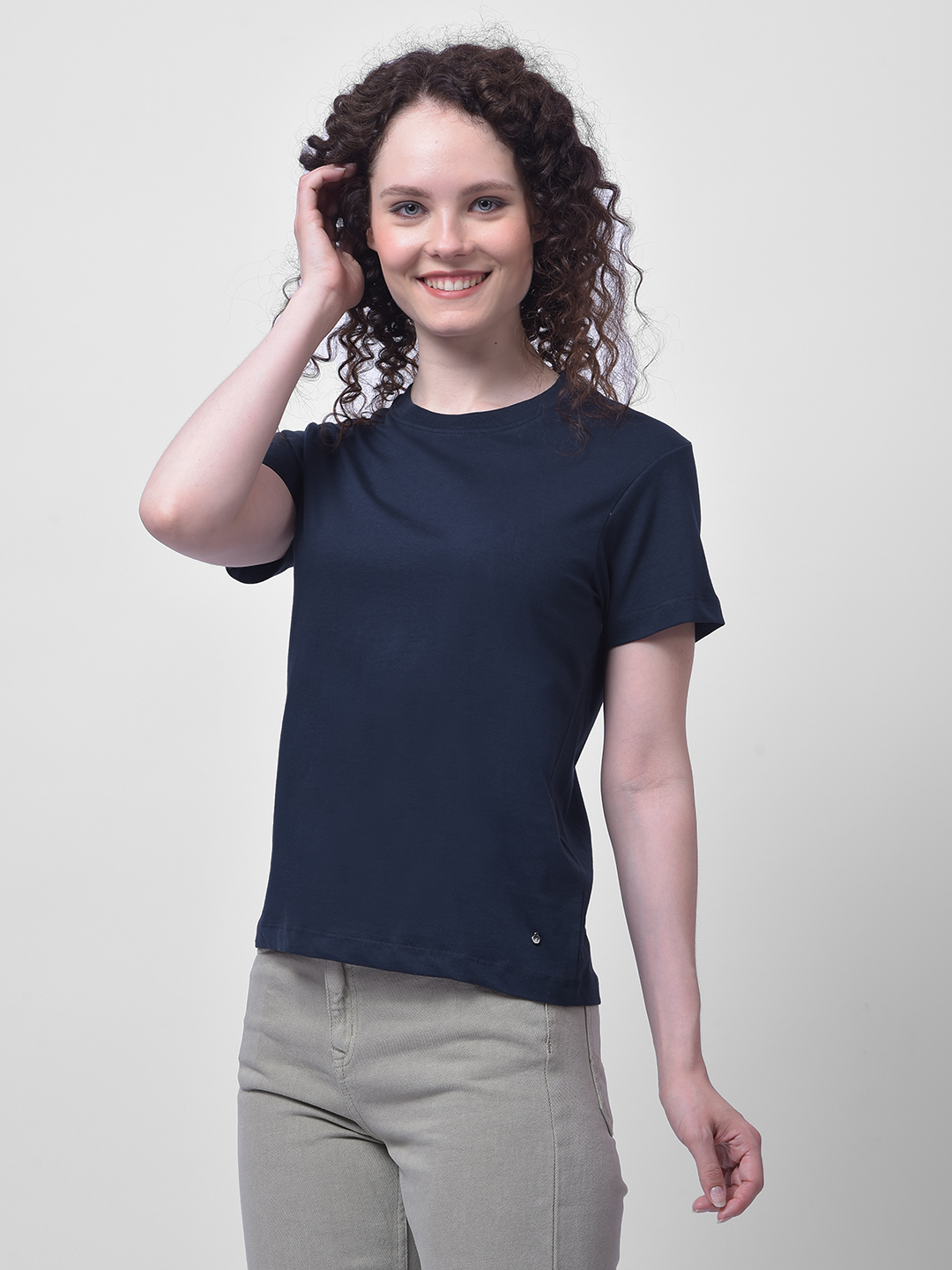 Numero Uno Women Solid Navy Blue Cotton T-Shirt